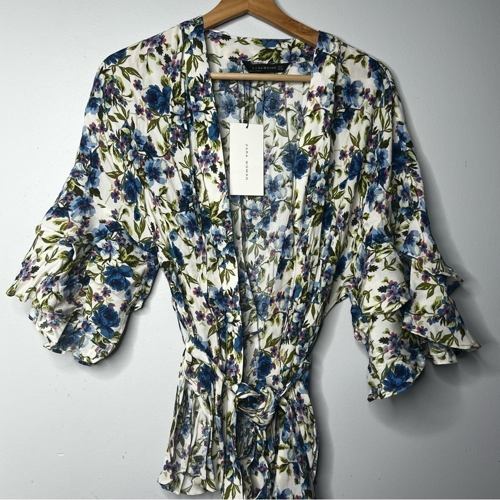 Zara Floral Ruffle Sleeve Top - Blue and Green